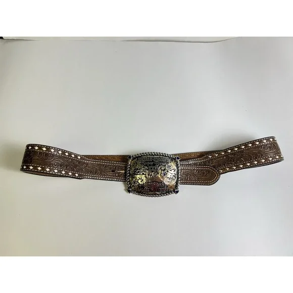VTG 2014 Simbrah Simmental Class Winner Bob Berg Belt Buckle Nocona Tooled Belt VTG 2014 Simbrah Simmental Class Winner Bob Berg Belt Buckle  main image 3